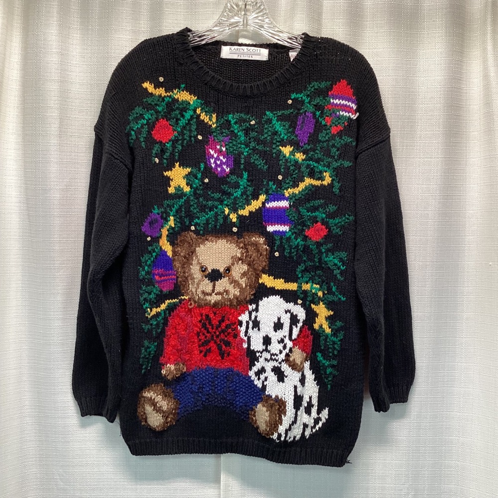 Karen Scott Petites Christmas Bear Dalmatian Puppy Vintage Knit Sweater Black PM